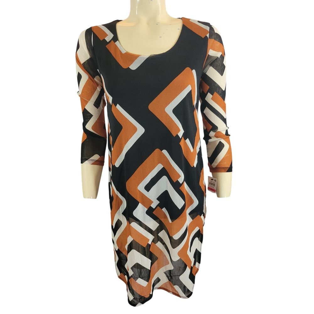 NWT Alfani Tunic Dress Brown geometric 3/4 Sleeve Scoop Neck‎ XS